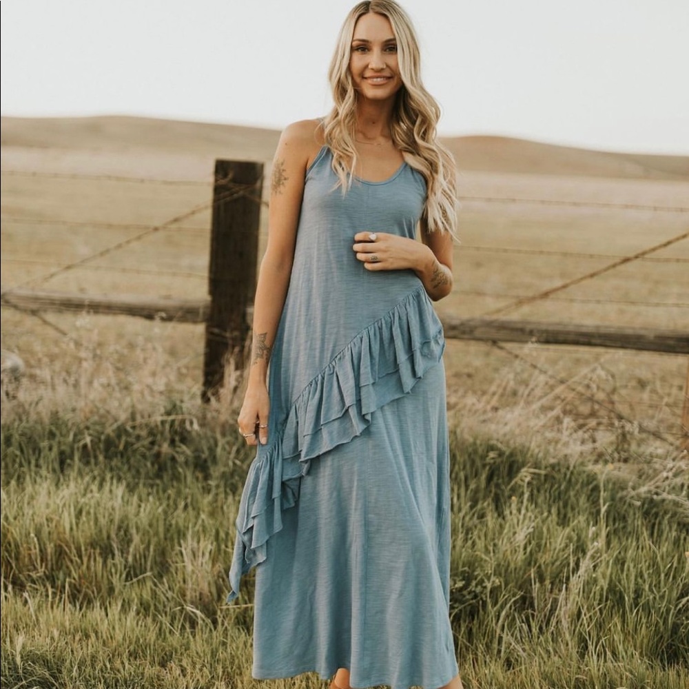 Blue Ruffle Midi Dress - Picture 2 of 5